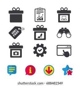 Gift box sign icons. Present with bow symbols. Photo camera sign. Woman shoes. Browser window, Report and Service signs. Binoculars, Information and Download icons. Stars and Chat. Vector