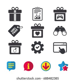 Gift box sign icons. Present with bow and ribbons symbols. Engagement ring sign. Video game joystick. Browser window, Report and Service signs. Binoculars, Information and Download icons. Vector