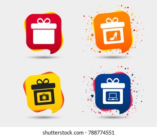 Gift box sign icons. Present with bow symbols. Photo camera sign. Woman shoes. Speech bubbles or chat symbols. Colored elements. Vector