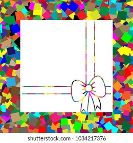 Gift box sign illustration. Vector. White icon on colorful background with seamless pattern from squares.