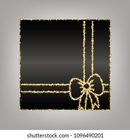Gift box sign illustration. Vector. Blackish icon with golden stars at grayish background.
