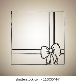 Gift box sign illustration. Vector. Brush drawed black icon at light brown background.