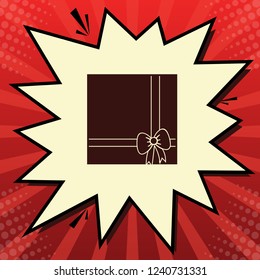 Gift box sign illustration. Vector. Dark red icon in lemon chiffon shutter bubble at red popart background with rays.