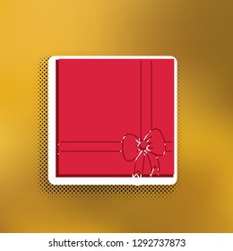 Gift box sign illustration. Vector. Magenta icon with darker shadow, white sticker and black popart shadow on golden background.