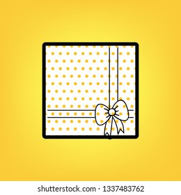 Gift box sign illustration. Vector. Yellow polka dot white icon with black contour at warm yellow background.