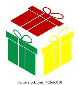 Gift box sign. Isometric style of red, green and yellow icon.