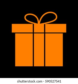 Gift box sign. Orange icon on black background.