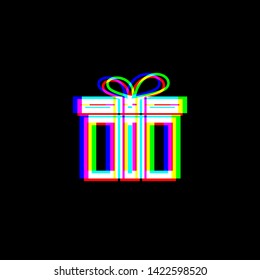 Gift box sign. Red, green and blue unfocused contour icon at black background. Illustration.