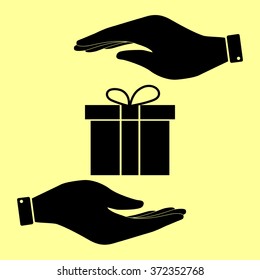 Gift box sign. Save or protect symbol by hands.