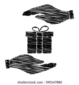 Gift box sign. Save or protect symbol by hands with scribble effect.