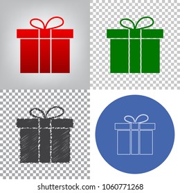 Gift box sign. Vector. 4 styles. Red gradient in radial lighted background, green flat and gray scribble icons on transparent and linear one in blue circle.