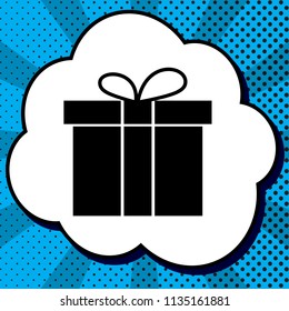 Gift box sign. Vector. Black icon in bubble on blue pop-art background with rays.