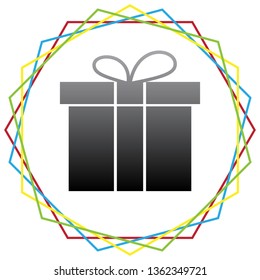 Gift box sign. Vector. Black icon with patch of light inside colorful hexagonal frames at white background.