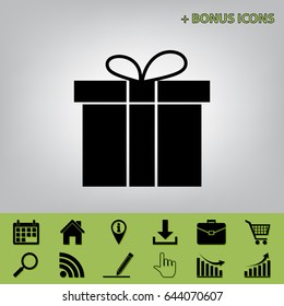 Gift box sign. Vector. Black icon at gray background with bonus icons at celery ones