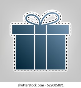 Gift box sign. Vector. Blue icon with outline for cutting out at gray background.