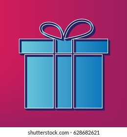 Gift box sign. Vector. Blue 3d printed icon on magenta background.