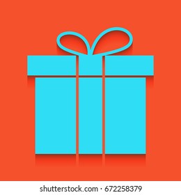 Gift box sign. Vector. Blue icon with soft shadow putted down on flamingo background.