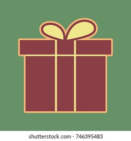Gift box sign. Vector. Cordovan icon and mellow apricot halo with light khaki filled space at russian green background.