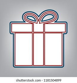 Gift box sign. Vector. Dark red, transparent and midnight green stroke of white icon at grayish background.