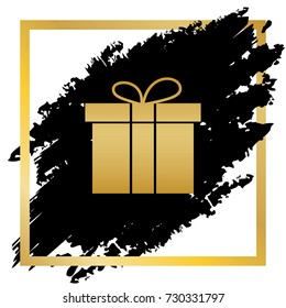 Gift box sign. Vector. Golden icon at black spot inside golden frame on white background.