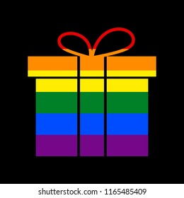 Gift box sign. Vector. Icon with colors of LGBT flag at black background.