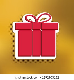 Gift box sign. Vector. Magenta icon with darker shadow, white sticker and black popart shadow on golden background.