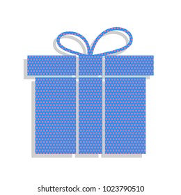 Gift box sign. Vector. Neon blue icon with cyclamen polka dots pattern with light gray shadow on white background. Isolated.