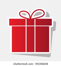 Gift box sign. Vector. New year reddish icon with outside stroke and gray shadow on light gray background.