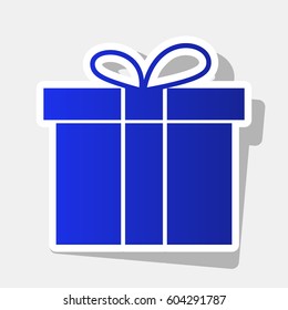 Gift box sign. Vector. New year bluish icon with outside stroke and gray shadow on light gray background.