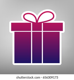Gift box sign. Vector. Purple gradient icon on white paper at gray background.