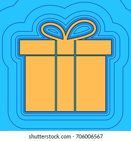 Gift box sign. Vector. Sand color icon with black contour and equidistant blue contours like field at sky blue background. Like waves on map - island in ocean or sea.
