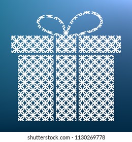 Gift box sign. Vector. White textured icon at lapis lazuli gradient background.