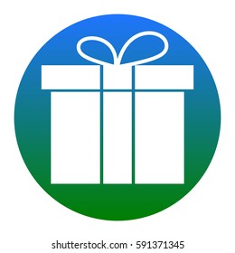 Gift box sign. Vector. White icon in bluish circle on white background. Isolated.