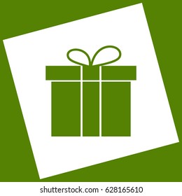 Gift box sign. Vector. White icon obtained as a result of subtraction rotated square and path. Avocado background.