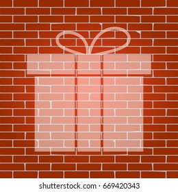 Gift box sign. Vector. Whitish icon on brick wall as background.