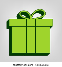 Gift box sign. Vector. Yellow green solid icon with dark green external body at light colored background.