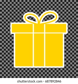 Gift box sign. Vector. Yellow icon with white contour on dark transparent background.