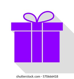 Gift box sign. Violet icon with flat style shadow path.