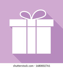 Gift box sign. White Icon with long shadow at purple background. Illustration.