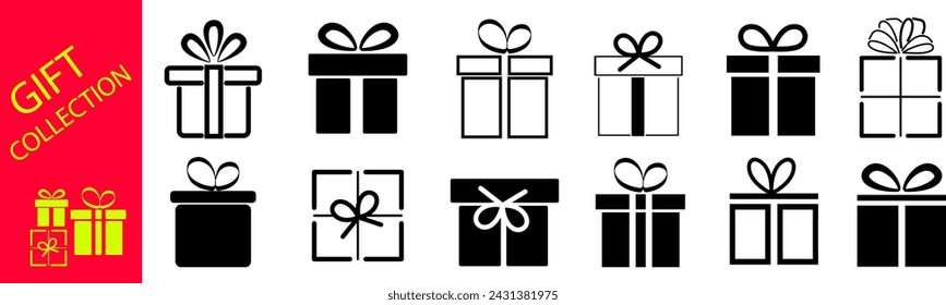 Gift box signs Line and silhouette style. Gift box icon set.	
