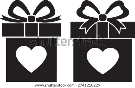 Gift box silhouette present with bow. Decorative package with heart for special occasion.