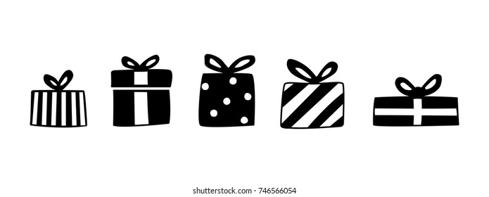 Gift box silhouette set  Collection for christmas  valentines day  birthday  Hand drawing signs presents isolated white  vector illustration  Giftboxes for design greeting card