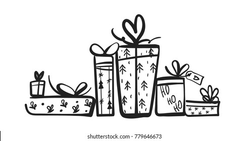 Gift box silhouette set. Collection for christmas, valentines day, birthday, shopping. Hand drawing signs of presents isolated on white, vector illustration. Gift boxes for design greeting card.