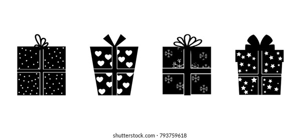 Gift box silhouette set. Collection for christmas, valentines day, birthday. Hand drawing signs of presents isolated on white, vector illustration. Giftboxes for design greeting card