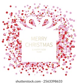 Gift box silhouette surrounded by red, pink and gold confetti on a white background. Holiday greeting card design for Christmas and New Year
