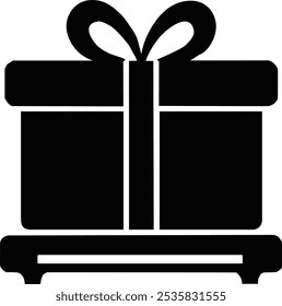Gift Box Silhouette Vector Art. A sleek black and white icon of a gift box with a ribbon on a platform, symbolizing celebrations and special moments. Perfect for creative designs and festive themes.