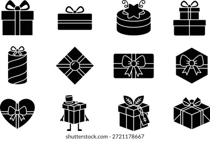 Colección de Vector de silueta de caja de regalo, Formas festivas, iconos negros, diseño decorativo, tema de celebración, estilos de cinta, empaquetado creativo, concepto de vacaciones, ilustración de fiesta, Elementos de envoltura únicos