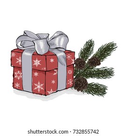 Gift box with a silver bow. Christmas fir tree branches with cones. Hand drawn vector illustration on a white background.