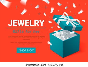 Gift Box and silver Confetti. Turquoise jewelry box on orange background. Template for jewelry shops. Christmas Background. Vector Illustration.