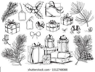 Gift box sketch  Christmas collection ribbon bows  present boxes   evergreen branches  Hand drawn vector illustration 